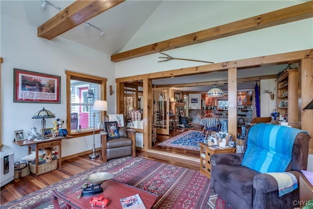 living area featuring wood finished floors, rail lighting, and lofted ceiling