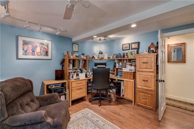 home office with recessed lighting, track lighting, light wood-style floors, and a ceiling fan