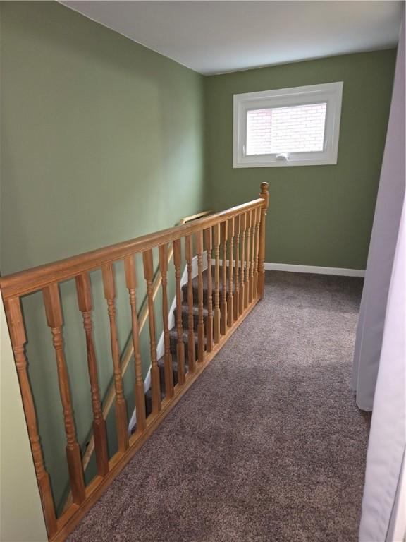 stairway with baseboards and carpet flooring