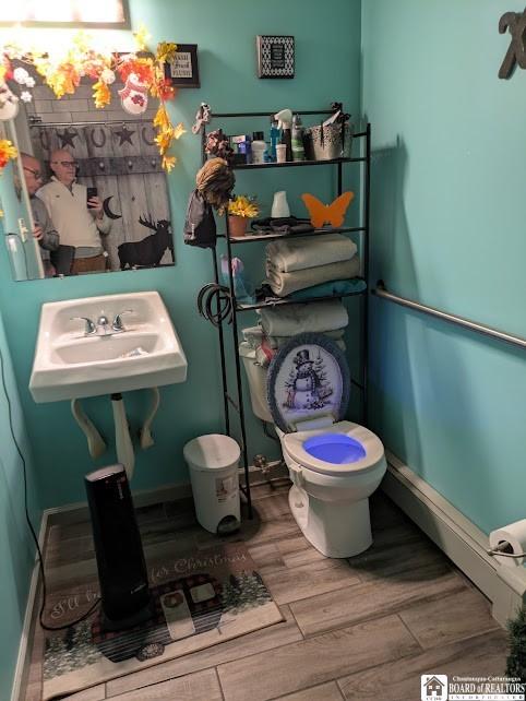bathroom with toilet, wood finished floors, a sink, and baseboards