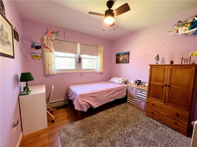 3460 County Road 28, Reading, NY 14891 - bedroom with a baseboard heating unit, ceiling fan, baseboards, and light wood-type flooring