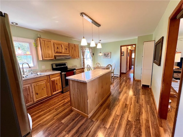3460 County Road 28, Reading, NY 14891 - kitchen featuring a sink, dark wood finished floors, light countertops, a kitchen island, and electric stove