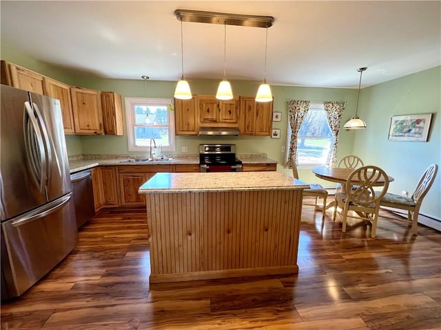 3460 County Road 28, Reading, NY 14891 - kitchen with a sink, dark wood finished floors, plenty of natural light, a kitchen island, and appliances with stainless steel finishes