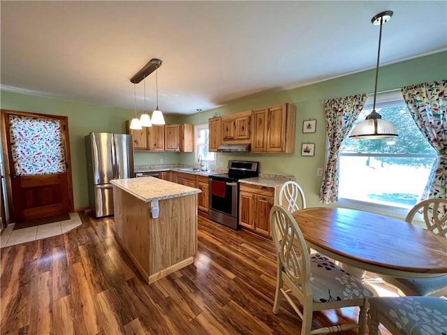 3460 County Road 28, Reading, NY 14891 - kitchen with stainless steel appliances, light countertops, extractor fan, a sink, and dark wood-style flooring