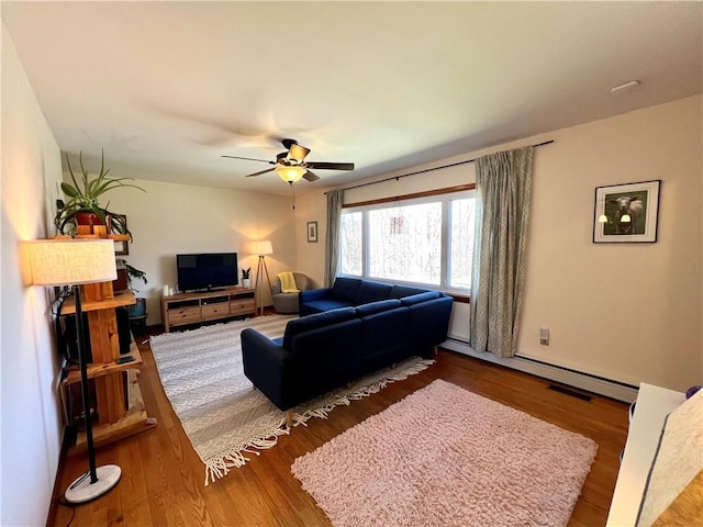3460 County Road 28, Reading, NY 14891 - living room with a baseboard heating unit, ceiling fan, and wood finished floors