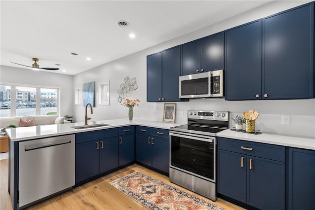 kitchen with a peninsula, blue cabinets, stainless steel appliances, and a sink