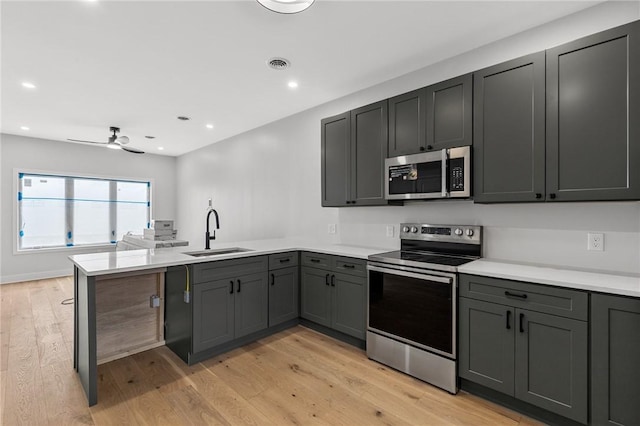 kitchen featuring a sink, light wood-type flooring, a peninsula, appliances with stainless steel finishes, and visible vents