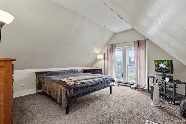 carpeted bedroom featuring vaulted ceiling