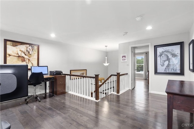home office featuring baseboards, dark wood-type flooring, and recessed lighting