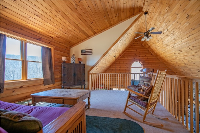 carpeted bedroom featuring log walls, vaulted ceiling, and wooden ceiling