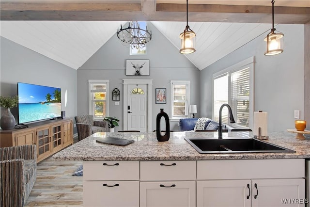 kitchen featuring light wood finished floors, open floor plan, a sink, and a wealth of natural light