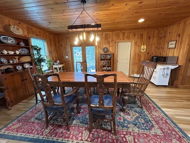 dining space with wooden ceiling, wood finished floors, and wooden walls