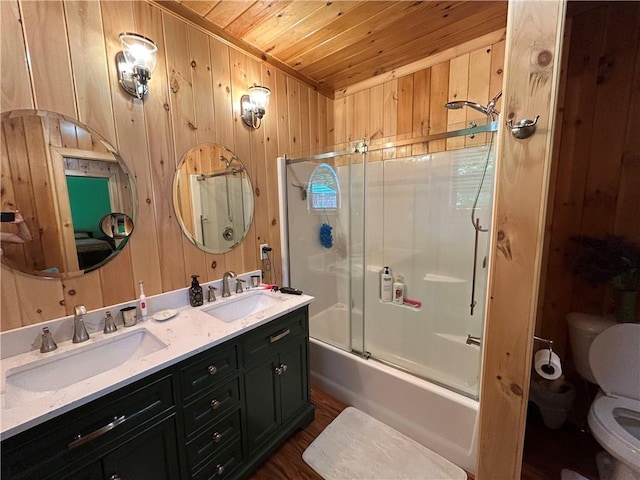 bathroom featuring wooden walls, toilet, wooden ceiling, and a sink