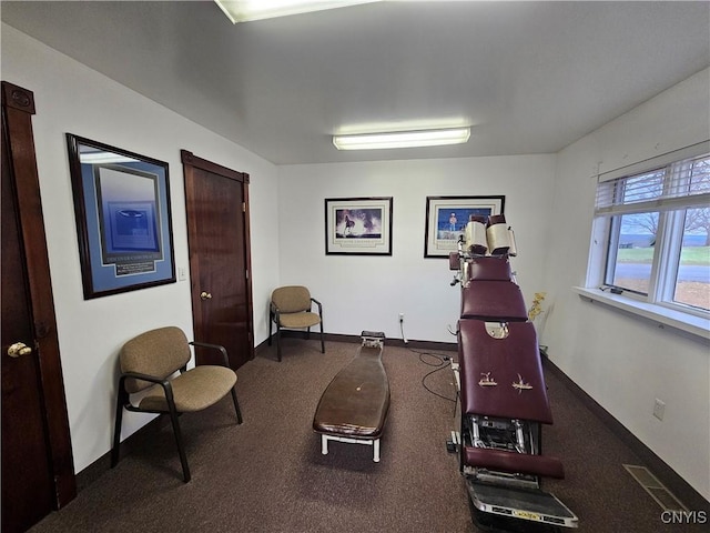 exercise room featuring carpet, visible vents, and baseboards