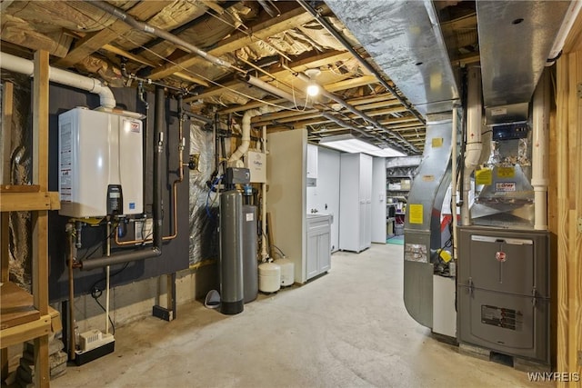 unfinished below grade area with water heater and heating unit