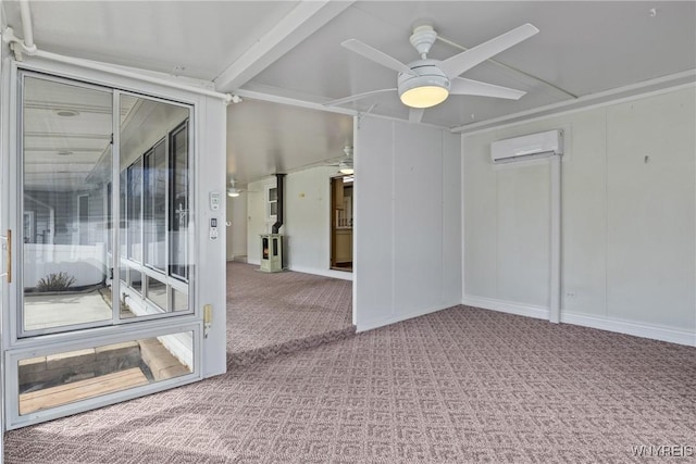 carpeted empty room with a ceiling fan and a wall mounted AC