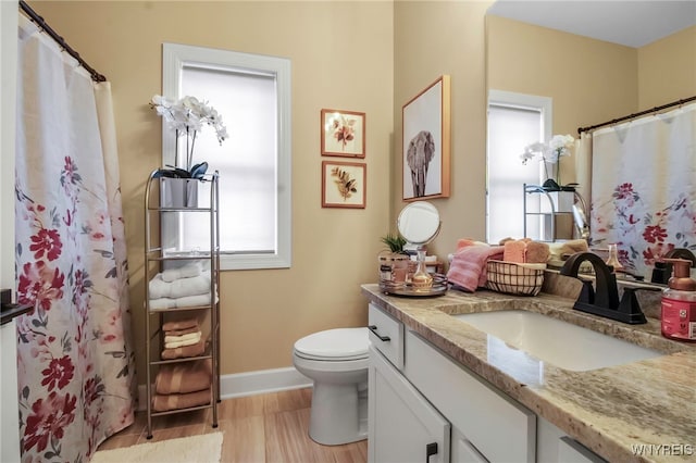 full bath with baseboards, toilet, vanity, and wood finished floors