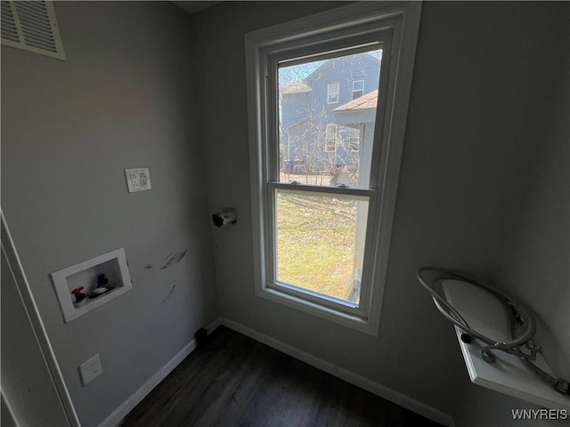 180 Spalding St, Lockport-City, NY 14094 - laundry area featuring visible vents, baseboards, dark wood-style flooring, laundry area, and washer hookup