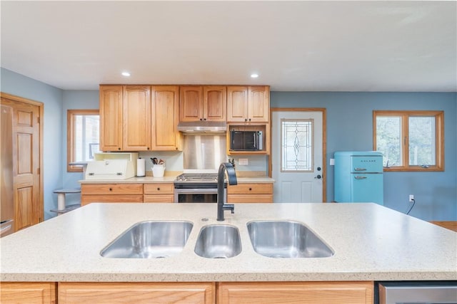 739 Pre Emption Rd, Geneva-City, NY 14456 - kitchen featuring recessed lighting, under cabinet range hood, stainless steel appliances, and a sink