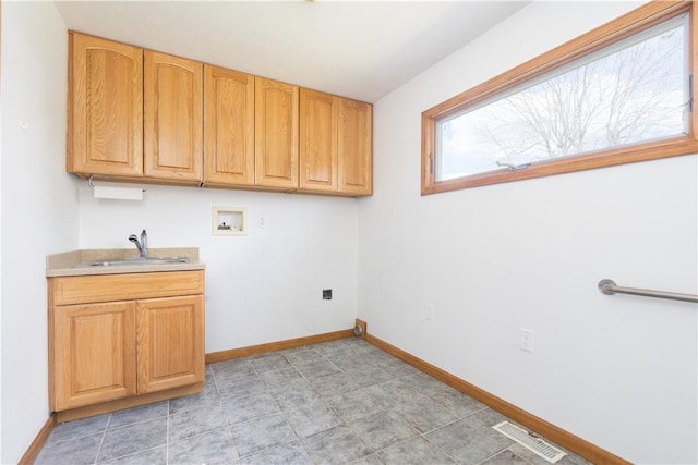 739 Pre Emption Rd, Geneva-City, NY 14456 - laundry area with a sink, baseboards, visible vents, hookup for a washing machine, and cabinet space