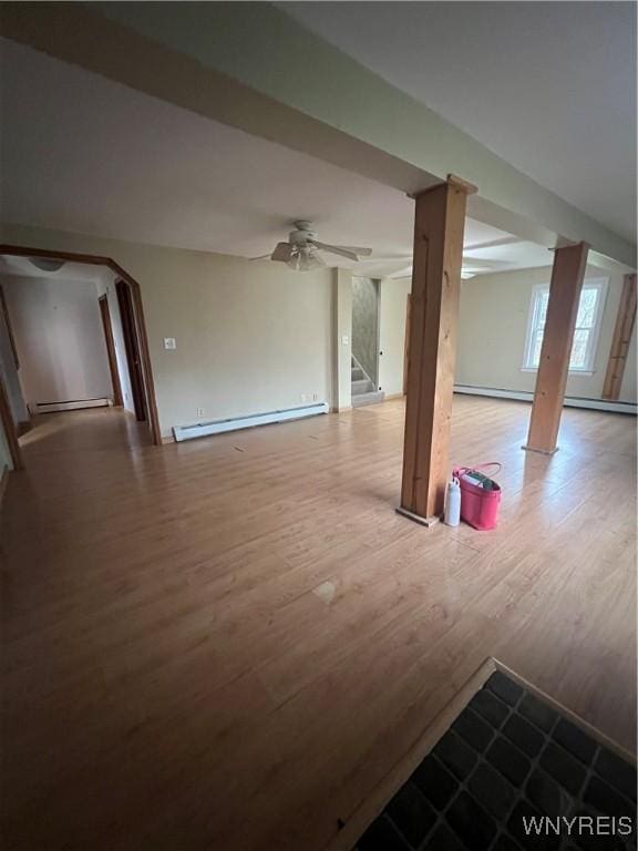 interior space featuring ceiling fan, stairway, baseboard heating, and wood finished floors