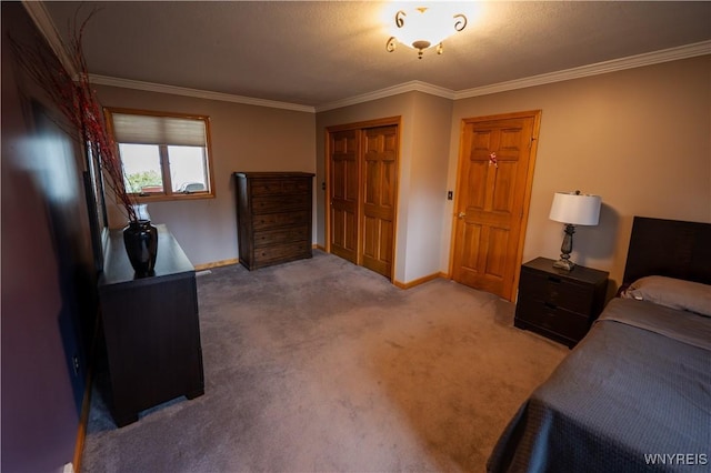 bedroom with ornamental molding, a closet, light colored carpet, and baseboards