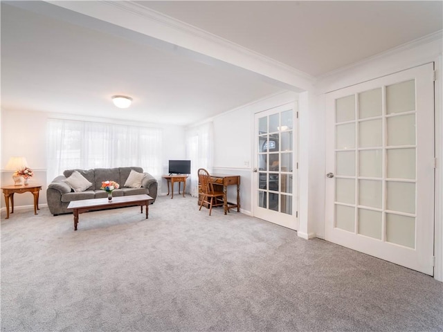 living area featuring carpet floors, ornamental molding, and baseboards