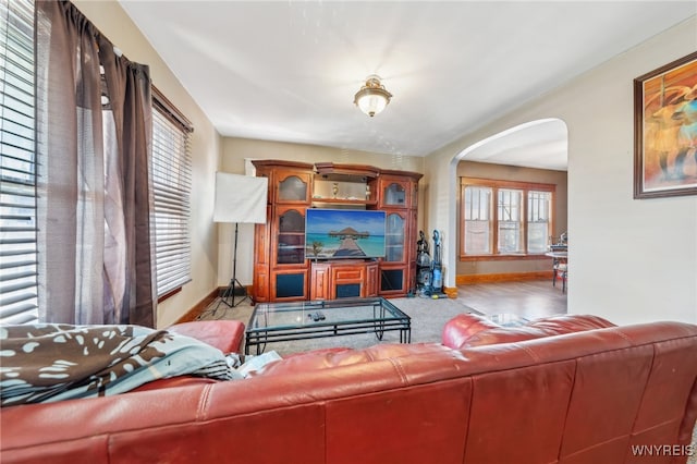 living room with baseboards and arched walkways
