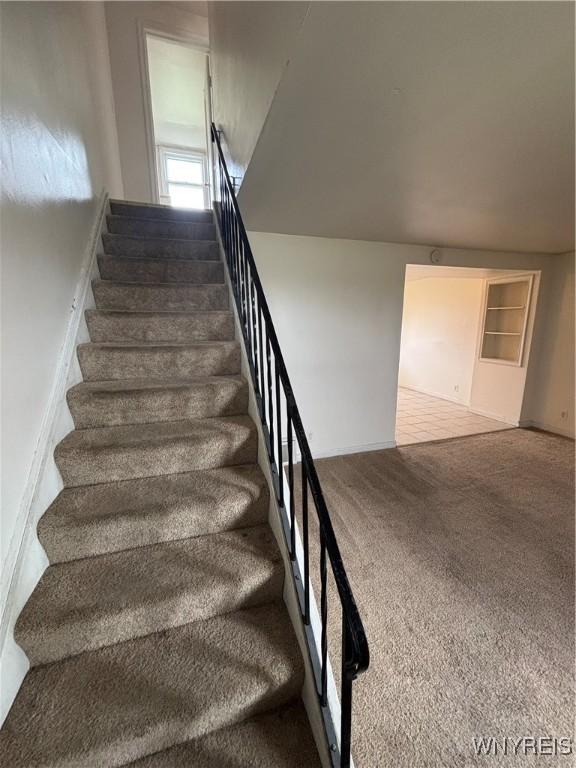 staircase featuring carpet
