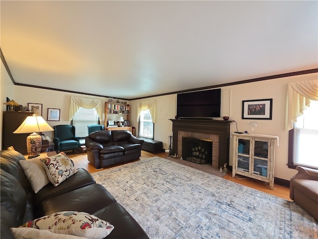 658 Cornell Rd, Elmira-City, NY 14905 - living area with a wealth of natural light, crown molding, a brick fireplace, and wood finished floors