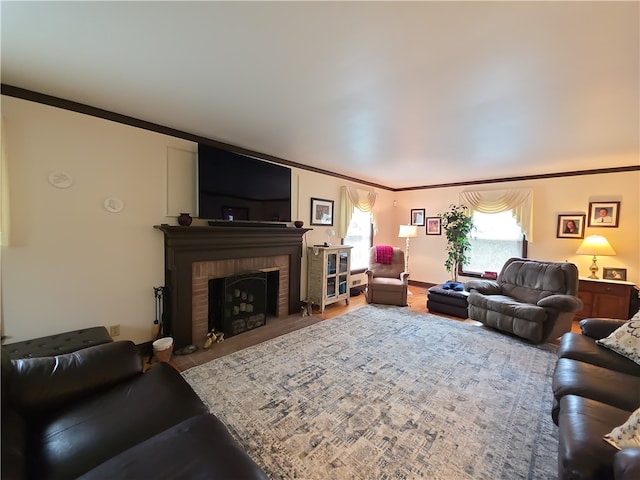 658 Cornell Rd, Elmira-City, NY 14905 - living room featuring crown molding and a fireplace
