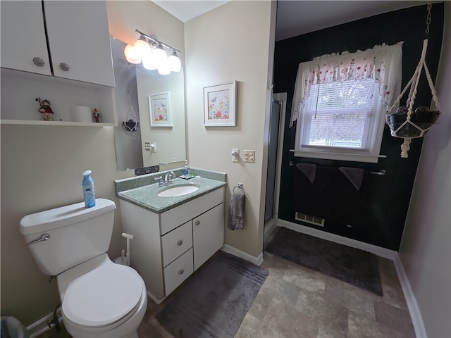 658 Cornell Rd, Elmira-City, NY 14905 - full bath featuring visible vents, toilet, vanity, baseboards, and a stall shower