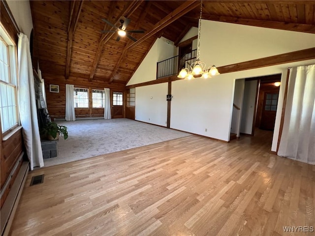 unfurnished living room featuring high vaulted ceiling, a baseboard radiator, wood ceiling, and visible vents