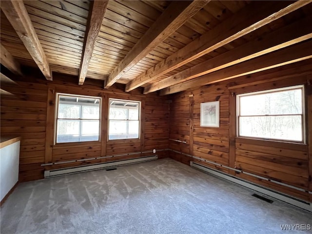 spare room featuring a baseboard radiator, carpet, wood walls, and beamed ceiling