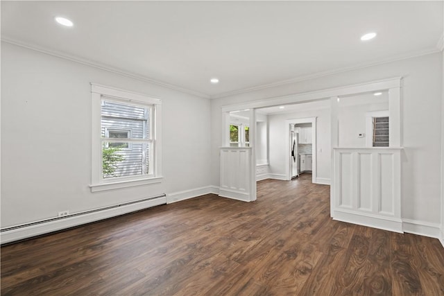 705 W 2nd St, Elmira-City, NY 14905 - spare room featuring crown molding, baseboards, a baseboard heating unit, and dark wood-style floors
