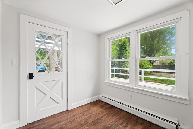 705 W 2nd St, Elmira-City, NY 14905 - doorway to outside with baseboards, plenty of natural light, a baseboard heating unit, and dark wood-type flooring