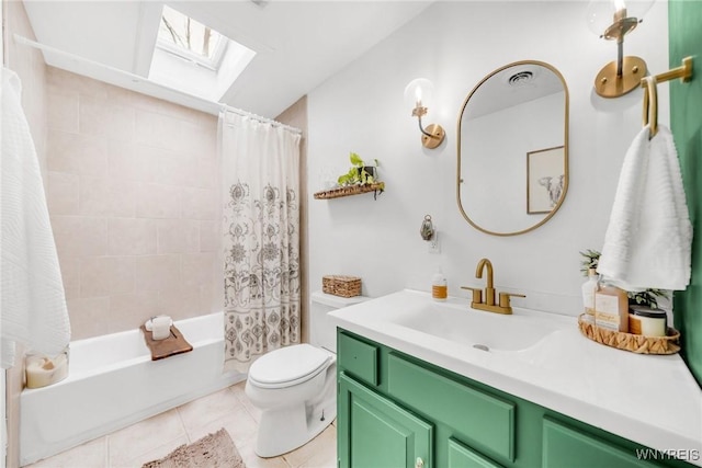 6317 Tonawanda Creek Rd, Lockport-Town, NY 14094 - bathroom with tile patterned flooring, toilet, vanity, shower / bath combo with shower curtain, and a skylight