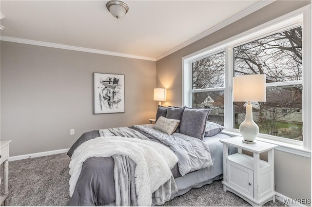 carpeted bedroom with multiple windows, baseboards, and ornamental molding
