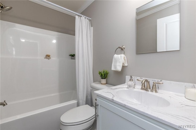 bathroom with shower / tub combo, toilet, crown molding, and vanity
