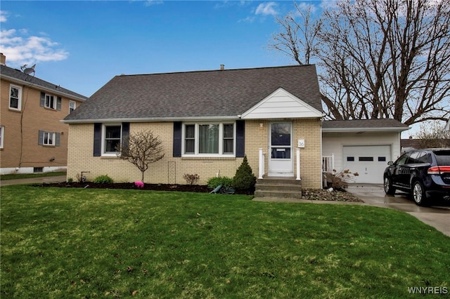 view of front facade with brick siding, an attached garage, a front lawn, and concrete driveway
