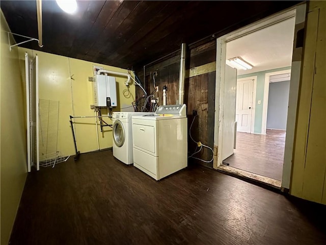 65 Union St, Starkey, NY 14837 - clothes washing area with water heater, laundry area, wooden ceiling, separate washer and dryer, and dark wood-style flooring