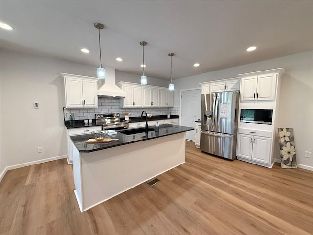 2002 Maes Lndg, Canandaigua-Town, NY 14424 - kitchen with stainless steel appliances, a sink, white cabinetry, and custom range hood