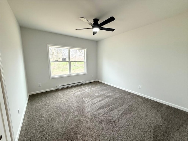2002 Maes Lndg, Canandaigua-Town, NY 14424 - unfurnished room featuring a baseboard heating unit, dark carpet, baseboards, and ceiling fan