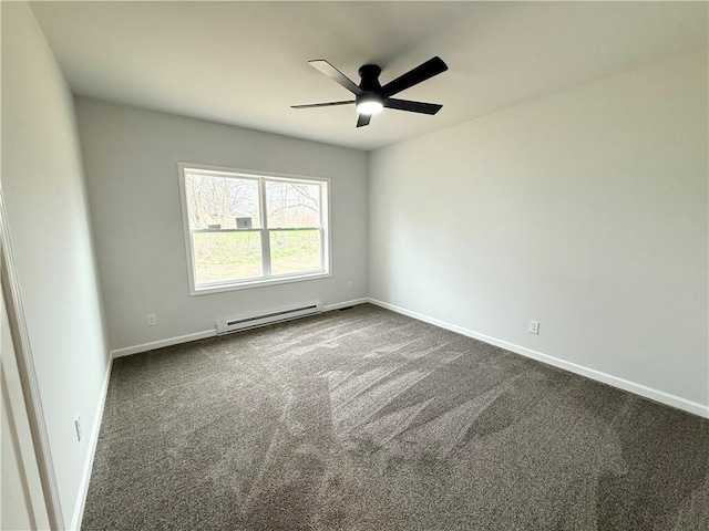 2002 Maes Lndg, Canandaigua-Town, NY 14424 - unfurnished room featuring baseboard heating, ceiling fan, baseboards, and dark colored carpet