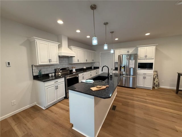 2002 Maes Lndg, Canandaigua-Town, NY 14424 - kitchen with white cabinets, stainless steel appliances, a sink, and custom range hood