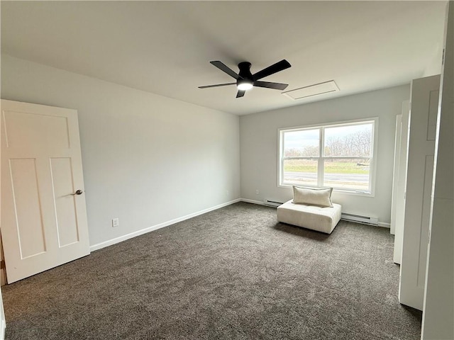 2002 Maes Lndg, Canandaigua-Town, NY 14424 - sitting room featuring a baseboard heating unit, dark carpet, baseboards, and ceiling fan