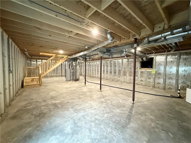 2002 Maes Lndg, Canandaigua-Town, NY 14424 - unfinished basement featuring water heater, heating unit, and stairs