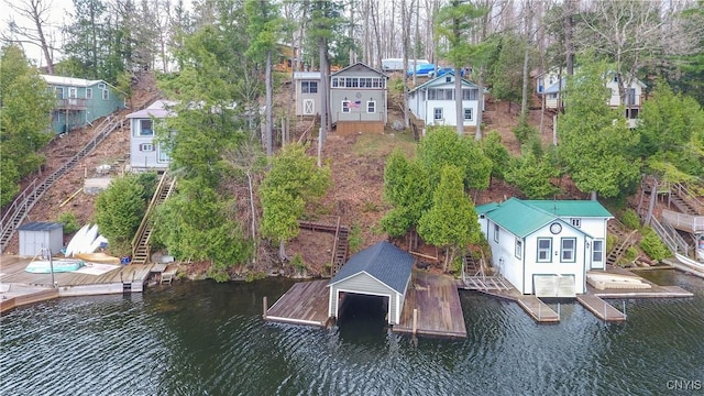 drone / aerial view with a water view