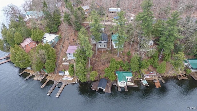 drone / aerial view featuring a water view