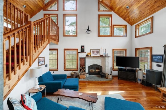 living area featuring wood finished floors, high vaulted ceiling, and wooden ceiling